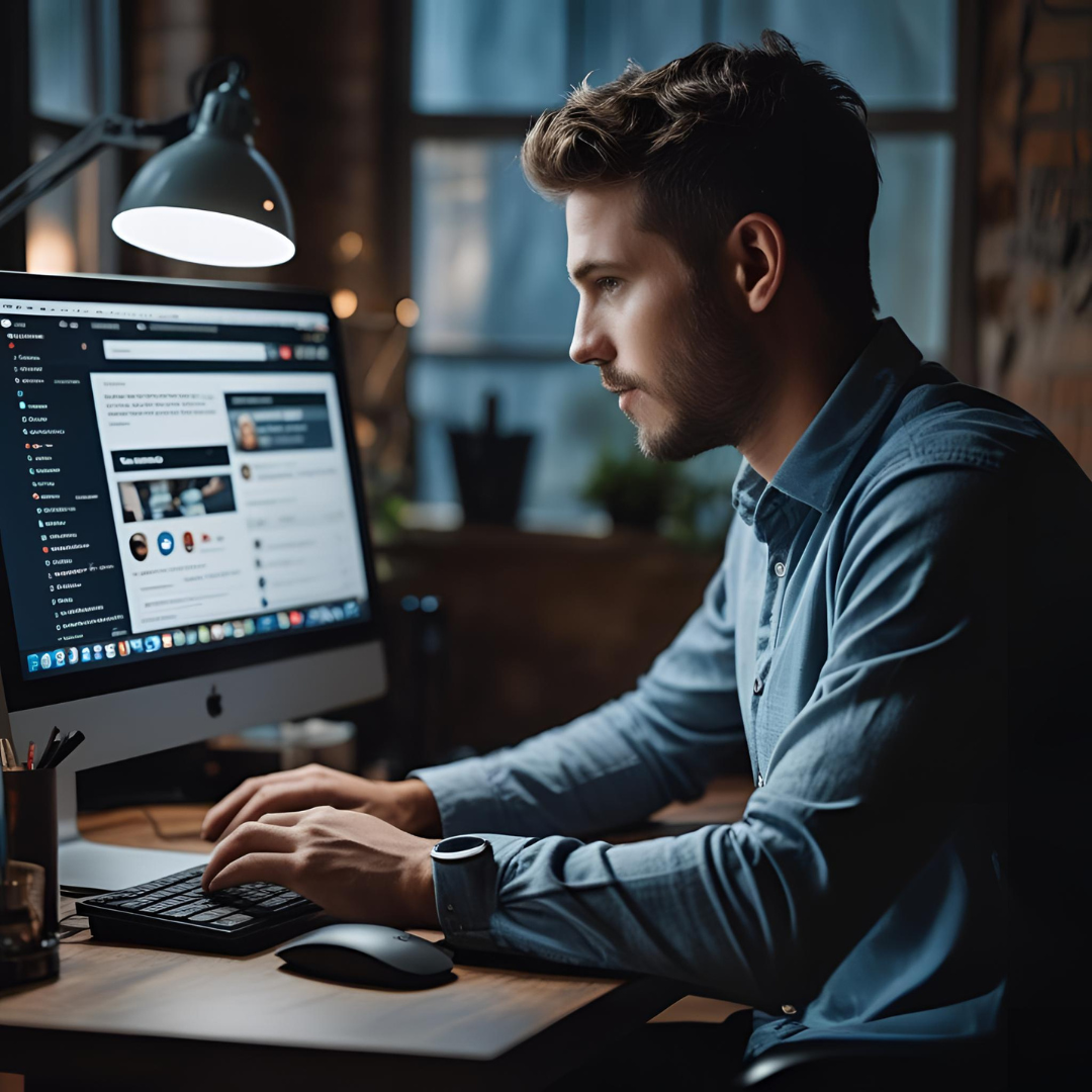 Hombre trabajando en un escritorio con un monitor